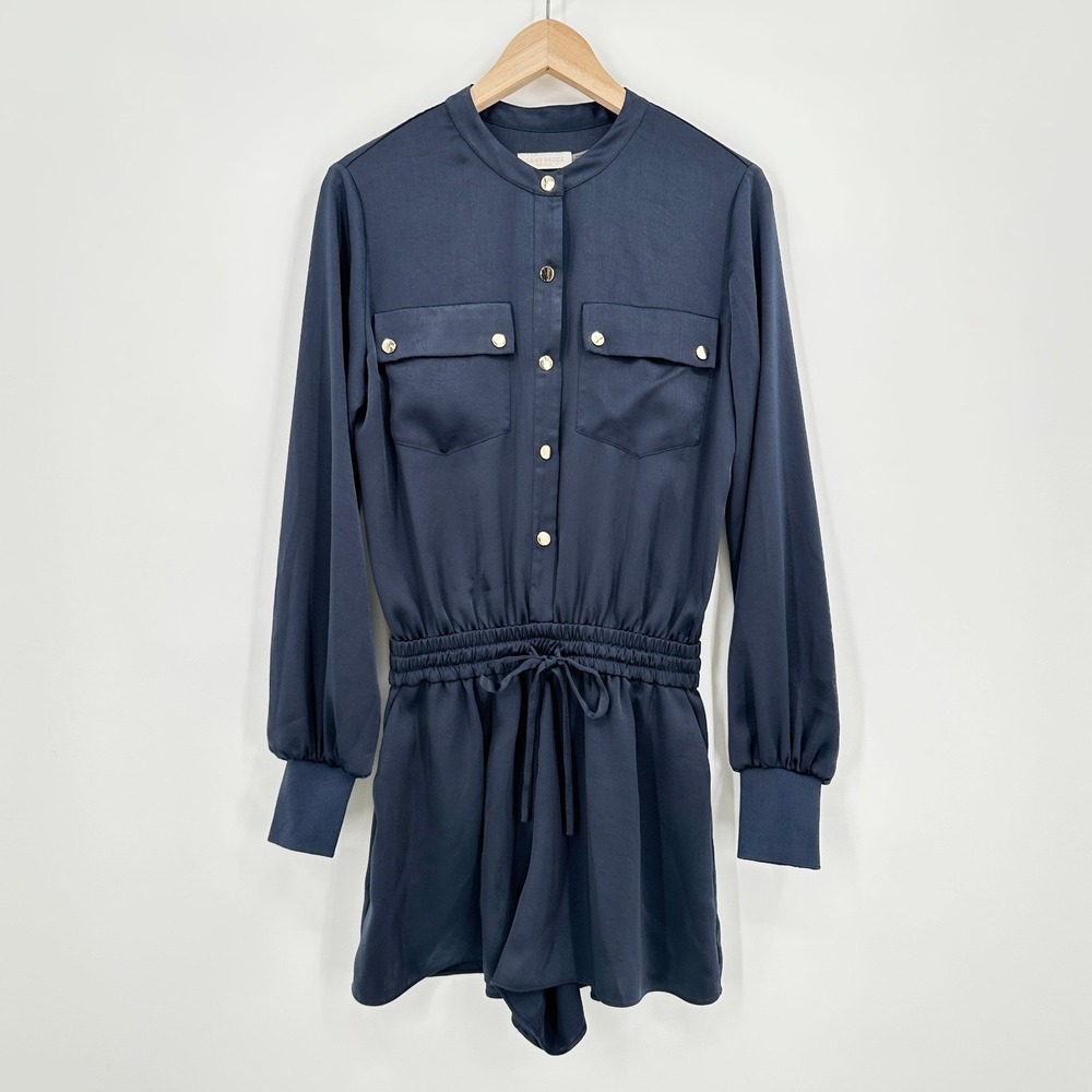 Ramy Brook Navy Satin Long Sleeve Utility Romper XS Navy Blue Gold Buttons